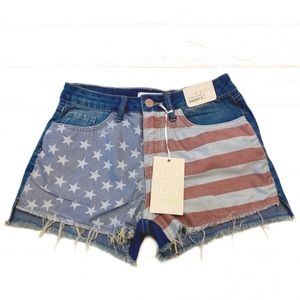YMI Denim Shorts High Rise Frayed Hem American Flag Front